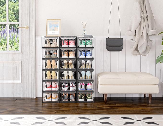 Shoe Storage, 12 Pack Shoe Organizer for Closet, Shoe Boxes Clear Plastic Stackable Shoe Containers with Lids for Size 10, Black