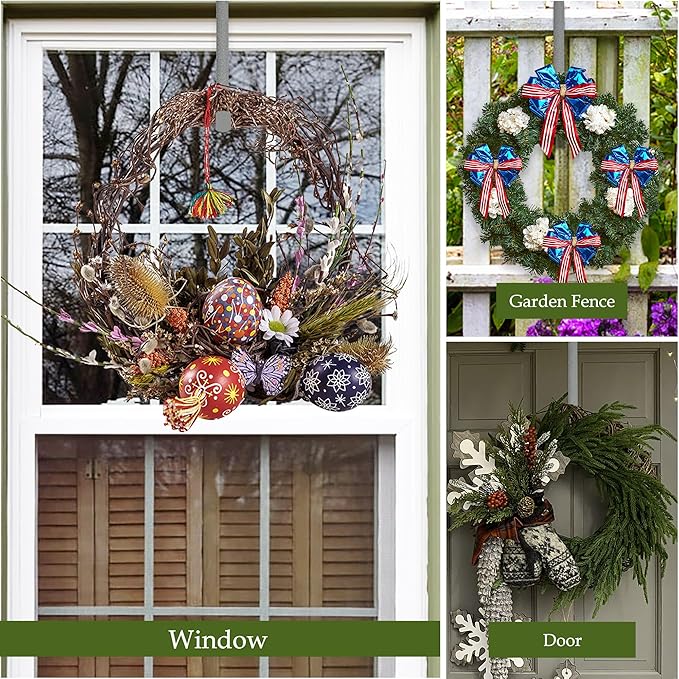 2 Pack Wreath Hangers for Front Door,14 Inch Wreath Hanger Hook for Front Porch Decor,Metal Over The Door Hooks Hanger for Halloween Fall Christmas Decorations Outdoor Indoor Home Decor,Silver