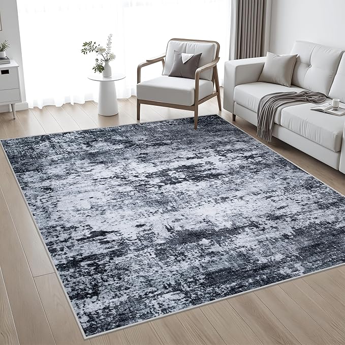 4x4 Area Rug Living Room Rug: Washable Modern Abstract Soft Thin Rug Indoor Floor No Slip Stain Resistant Carpet for Bedroom Dining Room Farmhouse Nursery Home Office - Black
