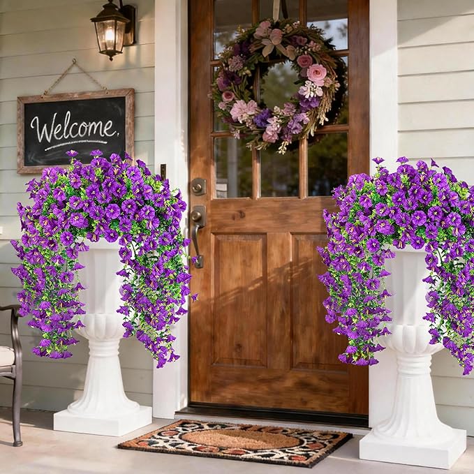 Artificial Hanging Flowers for Outdoors, 2 PCS UV Resistant Faux Silk 150 Morning Glory Each Trailing Vines, Fake Plants for Spring Outdoor Garden Planter Porch Patio Decoration, Purple
