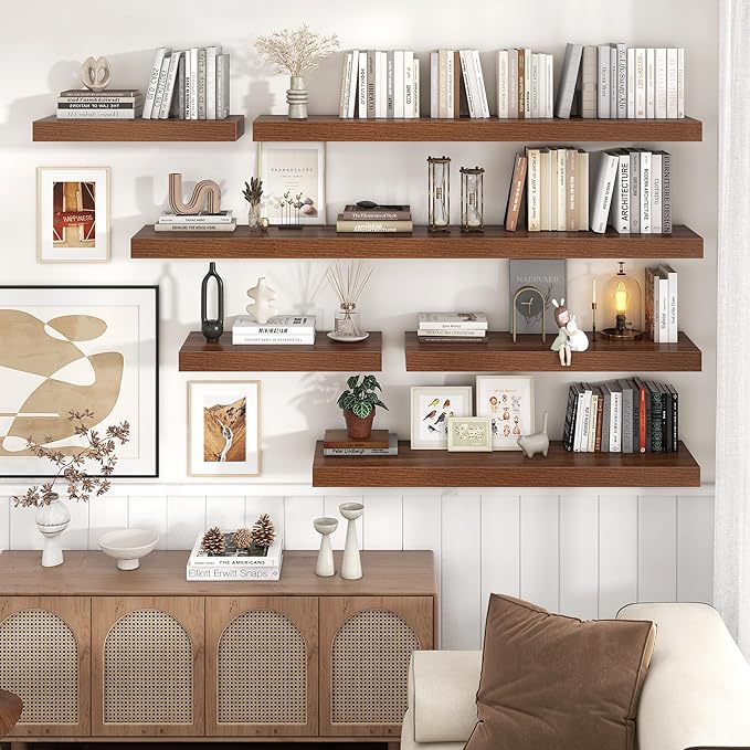 Venusmiles Floating Shelves for Wall, 55 Inch Wide x 12 Inch Deep Floating Shelves, Long Wood Floating Wall Shelf Shelves for Living Room Bathroom Bedroom Kitchen Home - (Walnut, 55" W x 12" D x 2" H)
