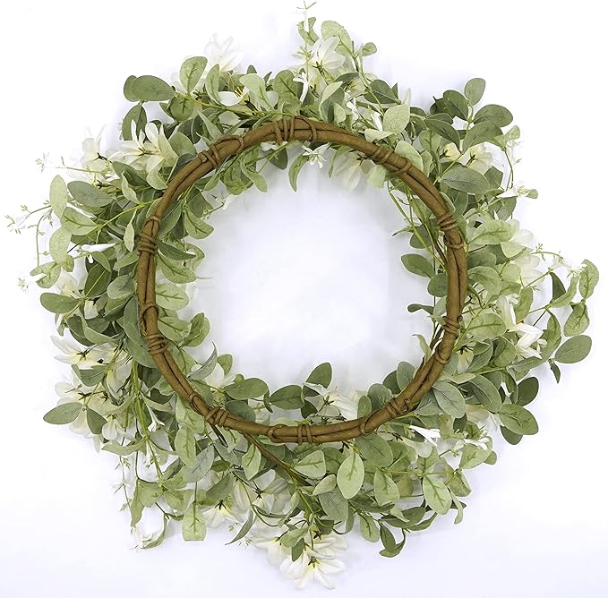 WreathDream 18'' Spring Wreath Summer Wreath for Front Door with Green Eucalyptus Leaves and White Cherry Blossoms for Home Outdoor Farmhouse Porch Wall Decoration, White Gift Box Included
