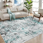Ciicool Modern Abstract Rug for Living Room, 5'x7' Machine Washable Area Rug Teal Black Non-Slip Accent Rug, Low-Pile Contemporary Indoor Dining Floor Carpet for Bedroom Office Under Table Home Decor