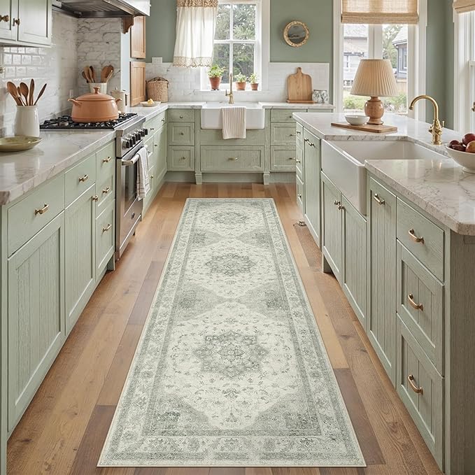 Green Runner Rug 2x8 Washable Vintage Carpet Hallway Kitchen Soft Retro Low Pile Thin Indoor Bedroom Non Slip Oriental Medallion Long Throw Rug for Bathroom Laundry Dining Room
