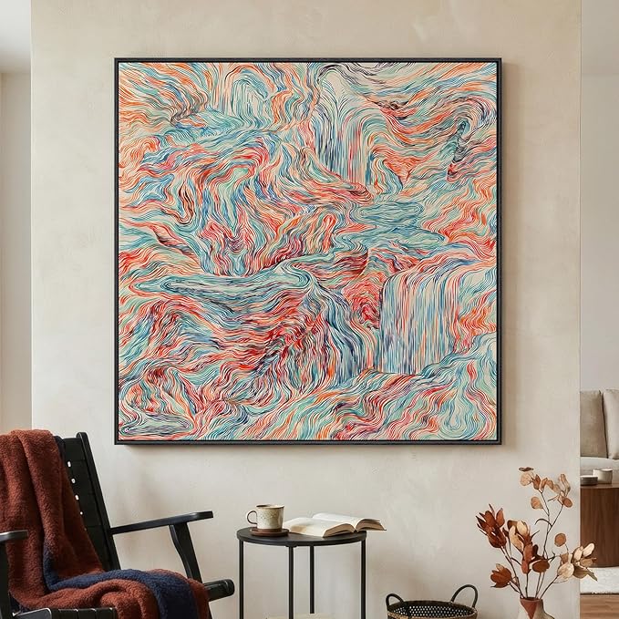 Extra Large Framed Colorful Abstract Wall Art for Living Room, Oversized Square Modern Canvas Prints Paintings, Minimalist Multicolor Big Pictures for Bedroom Dining Hallway Office Wall Decor 40x40 In