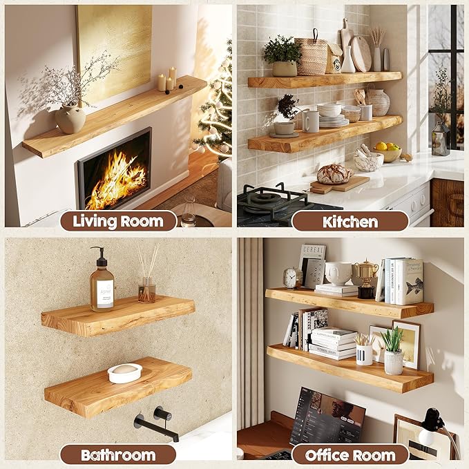 fuqing Live Edge Floating Shelves for Wall 48 inch, 8 Inch Deep Solid Elm Wood Floating Wall Shelves - Rustic Wooden Shelves with Invisible Brackets for Living Room Bedroom Kitchen, 1 Pack, Natural