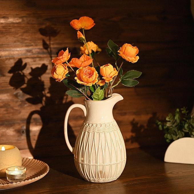 VICTOR & TERESA White Ceramic Pitcher Vase for Home Decor, 10'' Decorative Jug Vases Gift for Mom, Farmhouse Distressed Vases for Flowers, Pampas Grass, Table Centerpieces, Kitchen, Mantel