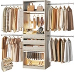 Closet System, 4-8FT Closet Organizer with 3 Wood Drawers & Glass Top, 102'' Walk in Closet with 5 Hang Rods & LED Lights & Trouser Rack, Built-in Wardrobe Clothes Rack with Shelves & Tower,White Oak