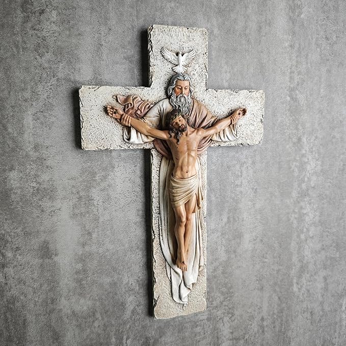 BC Catholic Holy Trinity Crucifix Wall Cross, 9.5" H Jesus Christ Inspirational Home Décor, Catholic Gifts, Religious Wall Sculpture handpainted by Buildclassic