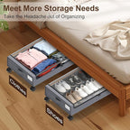 Under Bed Storage with Wheels - 2Pack 60L Underbed Storage Containers with Clear Lid & Label, Rolling Under Bed Storage Bins for Clothes, Shoes, Blankets (XL,Grey)