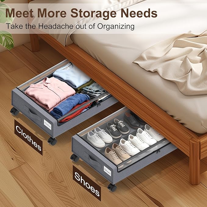 Under Bed Storage with Wheels - 2Pack 60L Underbed Storage Containers with Clear Lid & Label, Rolling Under Bed Storage Bins for Clothes, Shoes, Blankets (XL,Grey)
