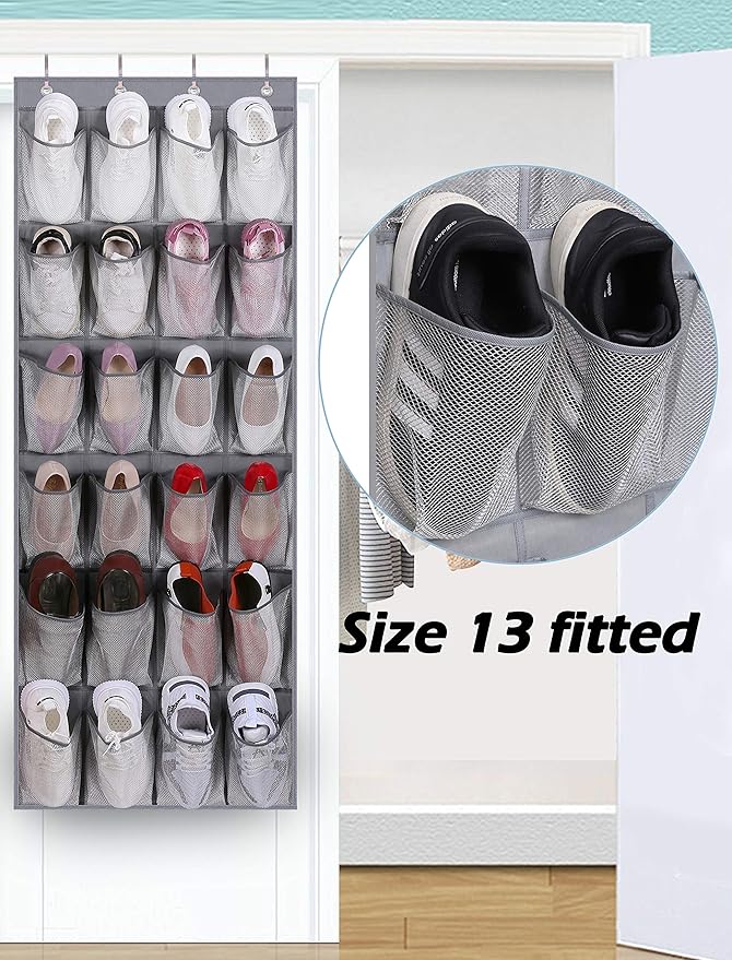 MISSLO Over The Door Shoe Organizer Hanging Closet Holder Hanger Storage Bag Rack with 24 Large Mesh Pockets, Gray