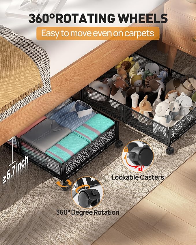 Under Bed Storage With Wheels, 4 Pack Foldable Pattern Carved Metal Under Bed Storage Containers, 60L Rolling Underbed Storage, Easy Assembly Under The Bed Storage for Shoes, Clothes, Blankets...