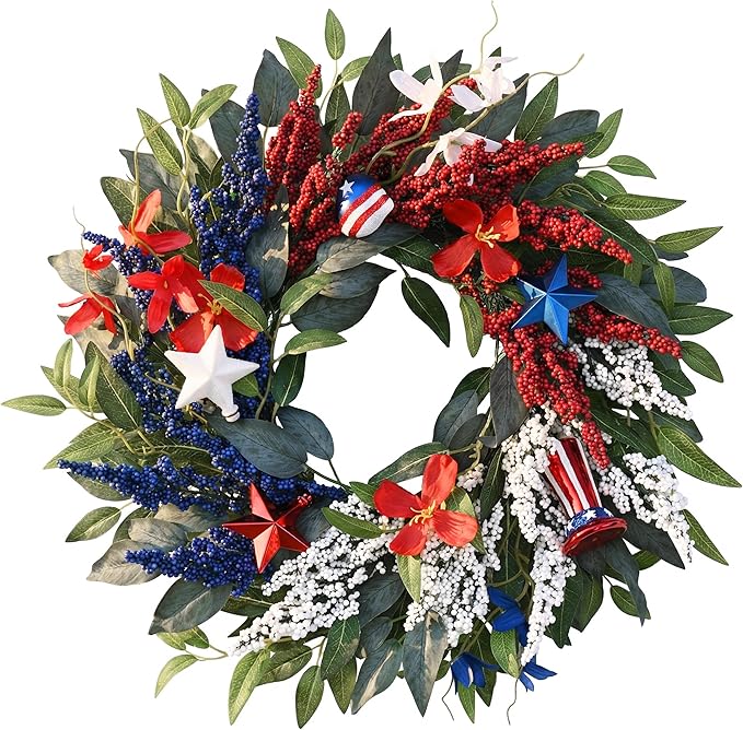DecorbyHannah 4th of July Wreaths for Front Door, 18 inch Patriotic Wreath for Independence Day, Flag Day, Red White Blue Wreath Decorations with Top Hat Ornaments for Wall Porch USA 250th Holiday