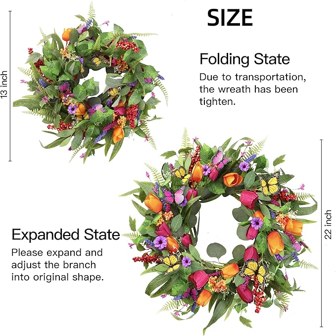 Sggvecsy Spring Summer Wreath for Front Door 22 Inch Artificial Tulips Wreath with Eucalyptus Leaves Lavender Ferns Colorful Silk Flowers Butterflies for Home Farmhouse Indoor Outdoor Wall Decor