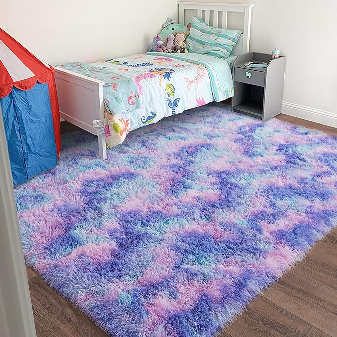 Rugs for Living Room 9x12, Soft Shaggy Modern Large Shag Area Rug for Bedroom, Upgrade Non-Slip Plush Fluffy Carpet for Kids Boys Girls Room Home Decor Aesthetic, Rainbow Purple