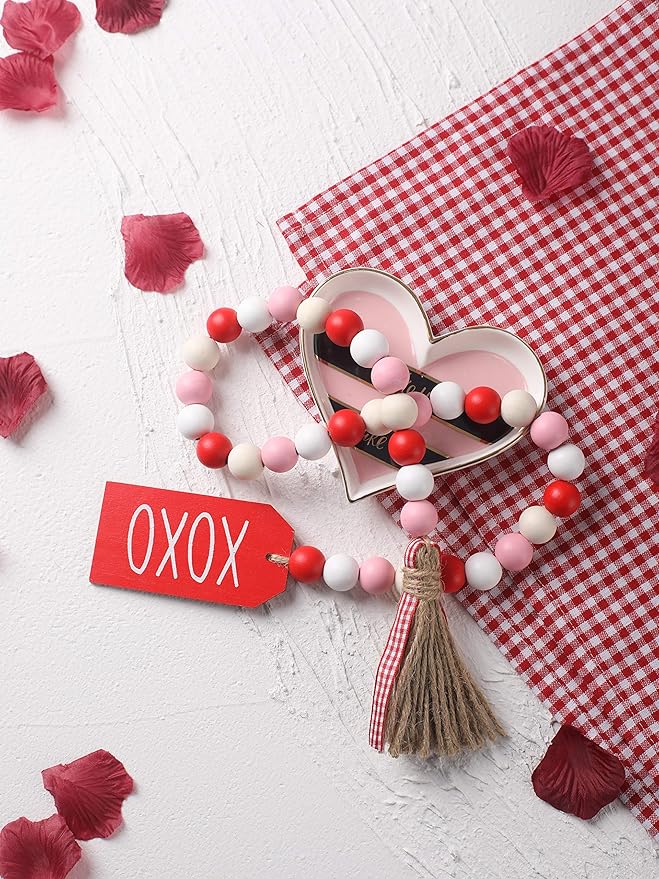Valentine’s Day Wood Bead Garland with Tassels and XOXO Wooden Embellishments Rustic Farmhouse Tiered Tray Wedding Decorations Home Decor (Red & White XOXO)