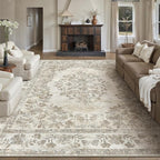 9x12 Area Rug Beige Washable Vintage Distressed Living Room Carpet Large Bedroom Indoor Medallion Floral Non Slip Retro Throw Floor Mat for Office Dining Room Kitchen Bathroom
