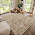 Washable 6x9 Area Rugs for Living Room, Boho Non-Slip Vintage Distress Large Rugs for Bedroom Dining Room Nursery Office, 0.3" Neutral Oriental Throw Thin Carpet, Brown/White/Multi