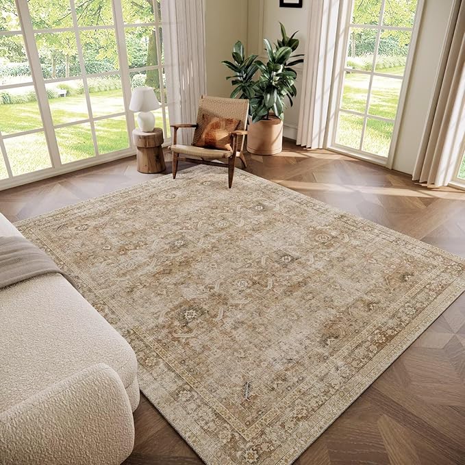Washable 6x9 Area Rugs for Living Room, Boho Non-Slip Vintage Distress Large Rugs for Bedroom Dining Room Nursery Office, 0.3" Neutral Oriental Throw Thin Carpet, Brown/White/Multi