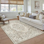 8x10 Area Rug Beige Washable Vintage Distressed Living Room Carpet Large Bedroom Indoor Medallion Floral Non Slip Retro Throw Floor Mat for Office Dining Room Kitchen Bathroom