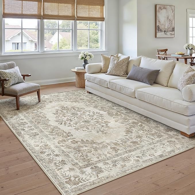 8x10 Area Rug Beige Washable Vintage Distressed Living Room Carpet Large Bedroom Indoor Medallion Floral Non Slip Retro Throw Floor Mat for Office Dining Room Kitchen Bathroom