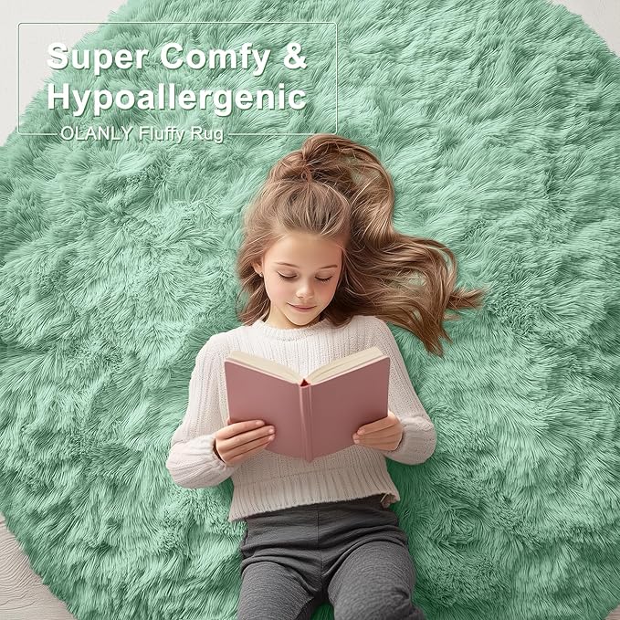 OLANLY Mint Green Round Rugs for Bedroom - Machine Washable, 6 ft Circle Area Rugs for Living Room, Soft and Fluffy Shaggy Carpet for Teen Girls and Boys, Nursery Rooms, Dorms, Home Decor Aesthetic