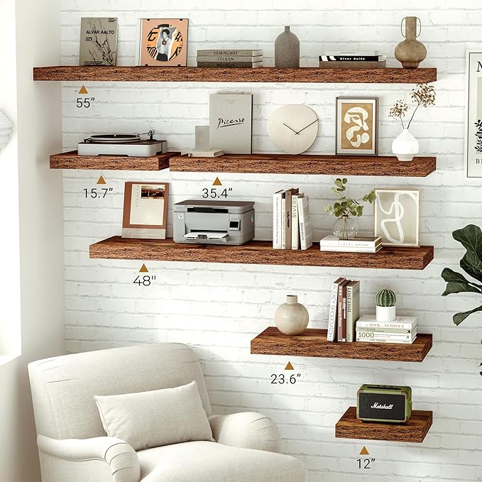 Vivelove 12 Inch Deep Floating Shelves for Wall, 48x12 Shelves with Invisible Brackets, for Living Room Bedroom, Farmhouse Rustic Shelves Home Decor, Set of 2, Rustic Brown