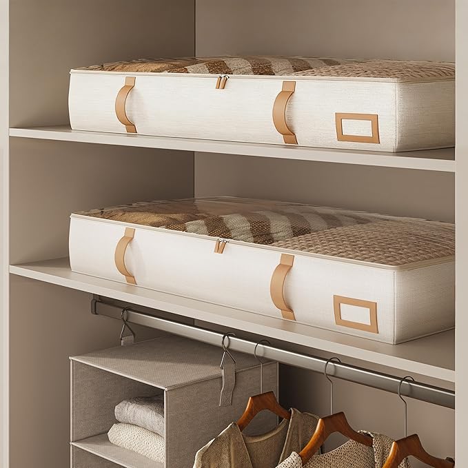 Vailando Under Bed Storage Containers, 6 Inches Tall 60L Underbed Storage Bins with Leather Handles and Sidewalls, Closet Organizer for Clothes, Blankets, Seasonal Items, Beige with Brown, 2-Pack
