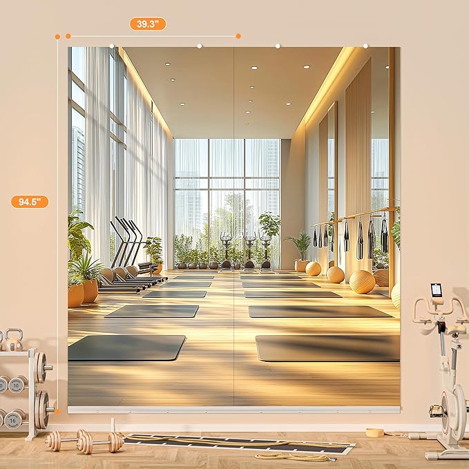 Hasipu Home Gym Mirror, 95"x40" Each, 1-Pack Frameless Wall Mounted Mirrors with Glass Clamps & 1 Aluminum Rail, Large Body Mirror for Home Gym, Yoga Studio, Bedroom, Silver Tempered Glass