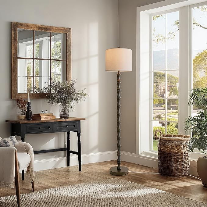 BOBOMOMO 62" Rustic Floor Lamp, Retro Farmhouse Standing Lamp with Rotary Switch, Resin Dark Brown Floor Lamp for Living Room, Bedroom, Corner, Nursery, Dining Room, House