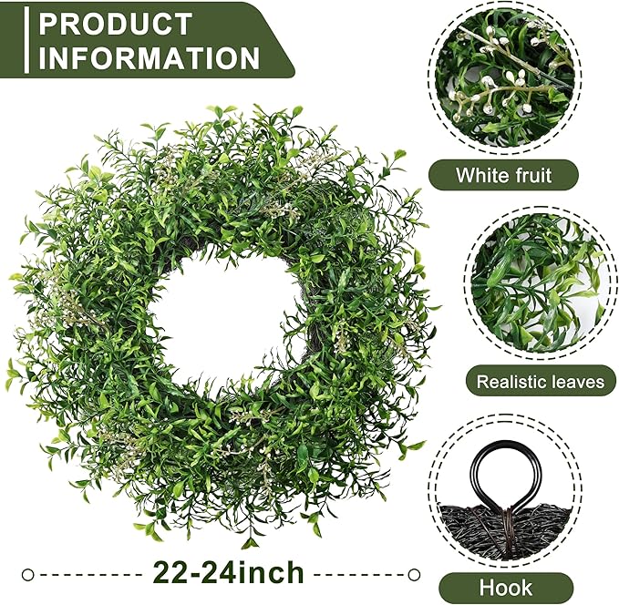 24 Inch Summer Wreaths for Front Door Wreath Spring Outdoor Green Door Wreath for All Seasons Porch Wall Indoor Outdoor Living Room Bedroom Window Farmhouse Home Decoration