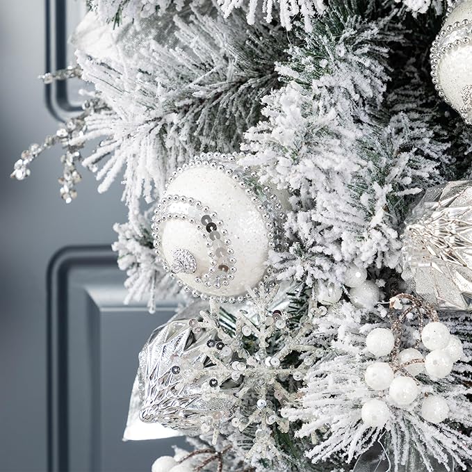 Glitzhome Silver White Christmas Teardrop Swag, 30 Inch Frosted Berry Ornament Garland Indoor Holiday Elegant Door Hanging Display with Ring for Fireplace Mantle Staircase Entryway