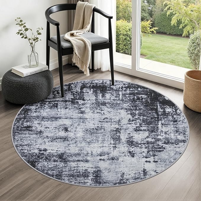 Round Area Rug for Living Room: 4 ft Washable Modern Abstract Soft Thin Rug Indoor Floor No Slip Stain Resistant Carpet for Bedroom Dining Room Farmhouse Nursery Home Office - Dark Black