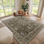 Washable 6x9 Area Rugs for Living Room, Boho Non-Slip Vintage Distress Large Rugs for Bedroom Dining Room Nursery Office, 0.3" Neutral Oriental Throw Thin Carpet, Tan/Flaxen/Multi