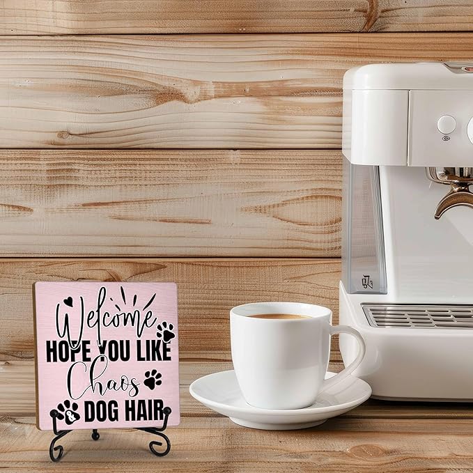 Dog Room Decor - Funny Farmhouse Decor, Home Kitchen Accessory - Wooden Plaque with Iron Stand