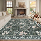 Washable 8x10 Area Rug - Light Green Vintage Floral with Ornate Border, Soft Low Pile Carpet for Living Room, Dining Room Under Table, Bedroom Non-Slip, Stain Resistant & Durable