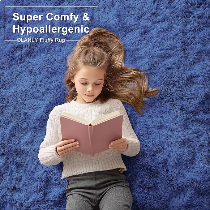 OLANLY 9x12 Machine Washable Large Area Rugs for Living Room, Bedroom, Soft Fluffy Shaggy Bedside Rug, Indoor Floor Carpet for Kids Girls and Boys, Dorms, Nursery, Home Decor Aesthetic, Navy Blue