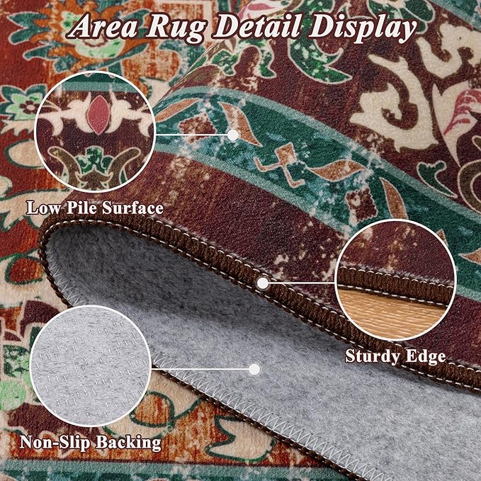 U'Artlines Boho Vintage Round Area Rug 8ft Machine Washable Low Pile Soft Floor Carpet Non Slip Non Shedding Accent Rug for Living Room Bedroom Entryway Dining Room Office Rust＆Teal