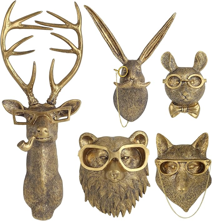 UITWMKTG 5 Pack Animal Head Wall Decor Gold Wall Sculpture Home Decor for Office Bedroom Modern Decor for Men Women