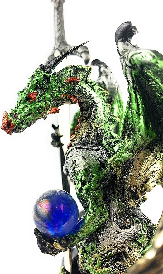 Ain't It Nice Medieval Dragon Statue with Sword and Crystal Ball - Collectible Fantasy Figurine Decor, Green 4(L) 2(W) 7(H) Inches