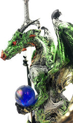 Ain't It Nice Medieval Dragon Statue with Sword and Crystal Ball - Collectible Fantasy Figurine Decor, Green 4(L) 2(W) 7(H) Inches