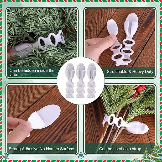 12 Pcs Christmas Ties Wreath Holder - 8.5" Adhesive Silicone Hangers - Stretchable Adhesive Straps Stocking Holder for Garland Mantle Stairways Decoration