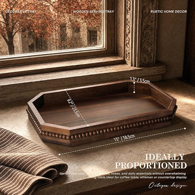 EOSAHR Acacia Wood Rustic Decorative Tray with Beads for Room Decor - Farmhouse Serving Tray for Coffee Table - Ideal for Displaying Bathroom Decor Accessories (Dark Acacia)