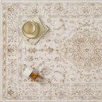 9x12 Beige Area Rug Washable Living Room Vintage Carpet Bedroom Distressed Large Non Slip Low Pile Thin Dining Room Office Medallion Accent Throw Rug