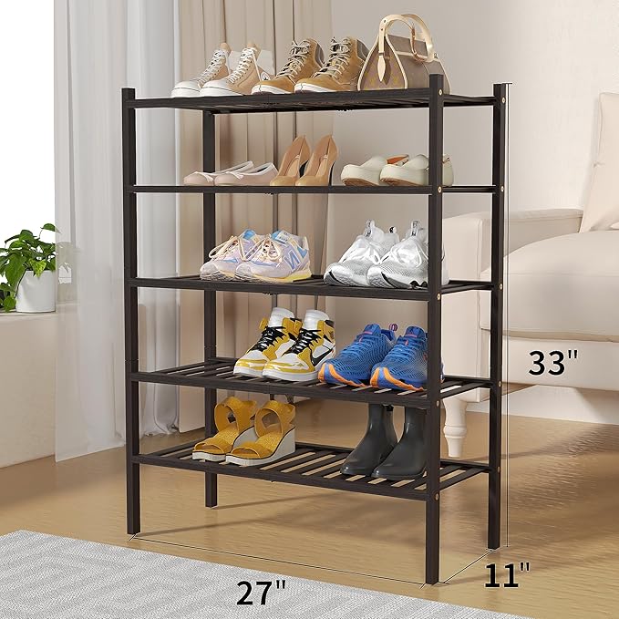 5 Tier Bamboo Shoe Rack for Closet Free Standing Wood Shoe Shelf for Entryway Small Space Stackable 27"x11"x33" (Brown)
