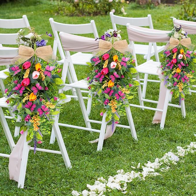 2 PCS 24'' Spring Swags for Front Door Artificial Tulip Teardrop Swags Lavender Butterfly Eucalyptus Swags Wreath Spring Summer Floral Hanging Swags for Farmhouse Wedding Cabinet Home Outdoor Decor