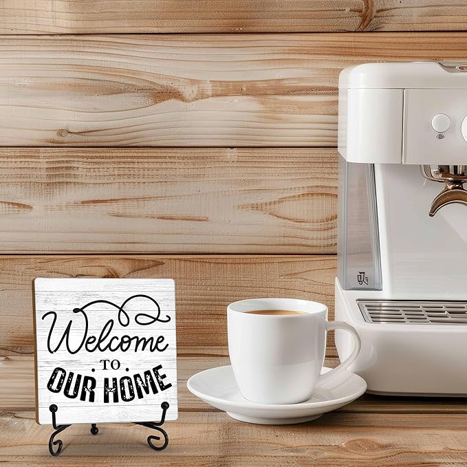Welcome Home Sign, Welcome to Our Home Sign, Kitchen Decor and Accessories, Farmhouse Wooden Plaque with Iron Stand for Desk Shelf Decor-A16