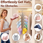 Hat Hangers for Closet, Collapsible Hat Organizer with 10-Hook, Stainless Steel Hat Holder, 360° Rotating Hat Storage Rack for Baseball Caps