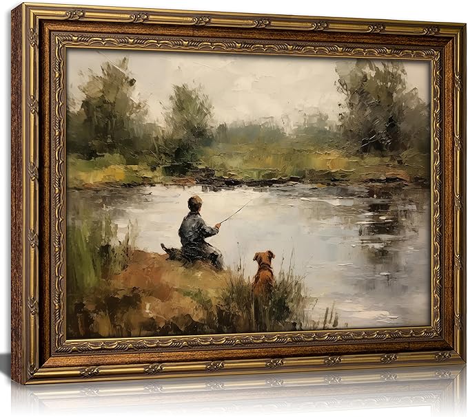Vintage Gold Framed Wall Art Boy Fishing Country Oil Painting Canvas Prints Peaceful Lake Landscape with Dog Picture Rustic Farmhouse Poster Artwork for Nursery Living Room Bedroom, 9x11in